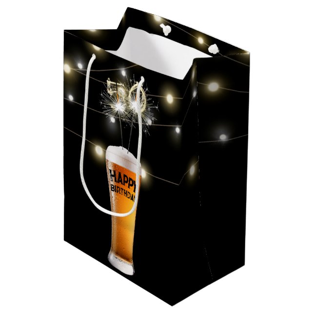 Sac Cadeau Moyen Éperviers En Verre De Bière 50e Anniversaire (Devant Angle)