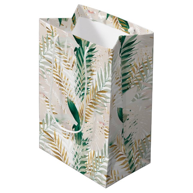 Sac Cadeau Moyen Été Tropical Green Gold Palm Foliage Verdure (Devant Angle)