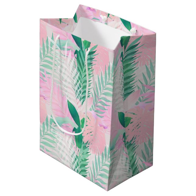Sac Cadeau Moyen Été Tropical Pink Mint Palm Foliage Verdure (Devant Angle)