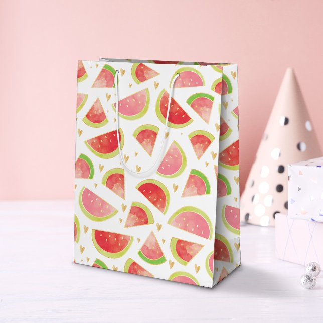 Sac Cadeau Moyen Eté Watermelon Slices & Gold Heart Motif (Watermelon & Hearts Pattern Gift Bag)