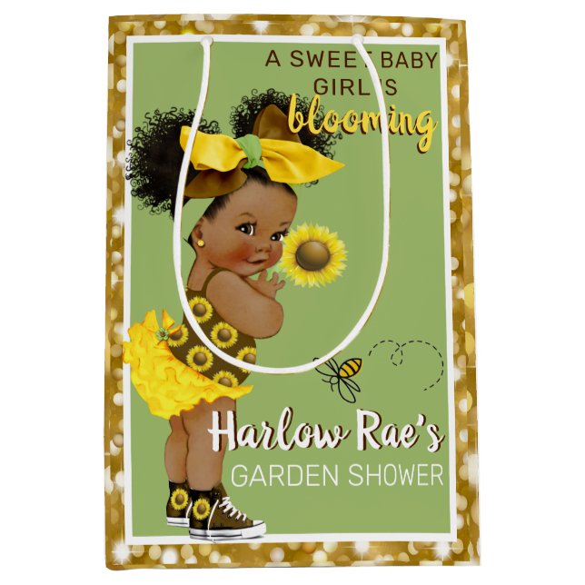 Sac Cadeau Moyen Ethnic Baby Girl | Yellow Sunflower Gold Parties s (Devant)