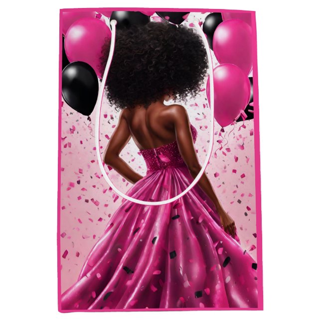 Sac Cadeau Moyen Ethnic Woman Rose & Black Elegant Anniversaire (Devant)