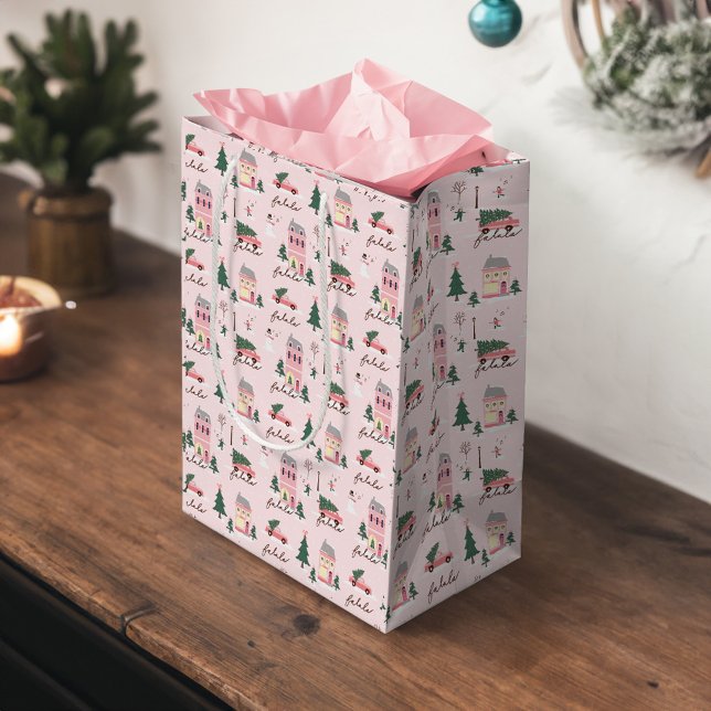 Sac Cadeau Moyen Fa La Maison Pour Les Vacances Ville & Pink Retro  (Fa La Home For The Holidays Town & Pink Retro Van Medium Gift Bag)