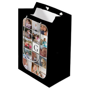 Sac Cadeau Moyen Faites votre propre photo collage, monogramme noir