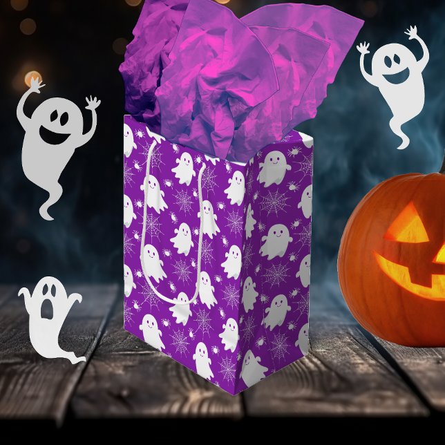 Sac Cadeau Moyen Fantômes mignons | Araignées | Spider Webs Hallowe (Cute Ghosts | Spiders | Spider Webs Halloween Purple and White Gift Bag)