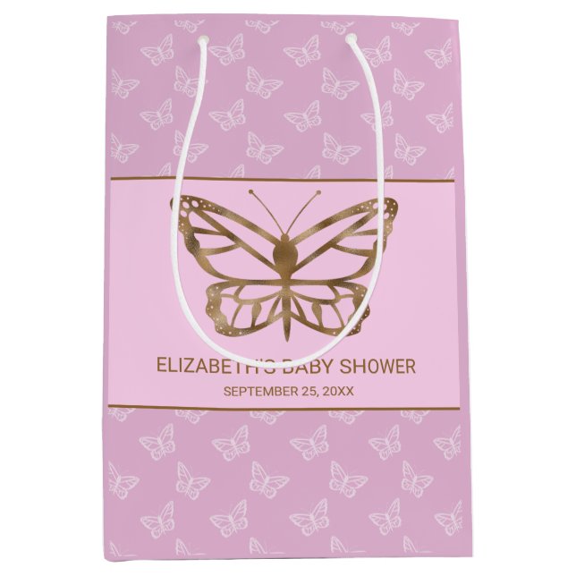 Sac Cadeau Moyen Faux Gold Foil Look Papillon - Baby shower pourpre (Devant)