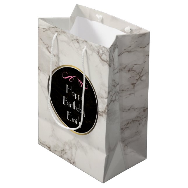 Sac Cadeau Moyen Faux Marbre Albâtre Taupe Tan Personnalisé Anniver (Devant Angle)