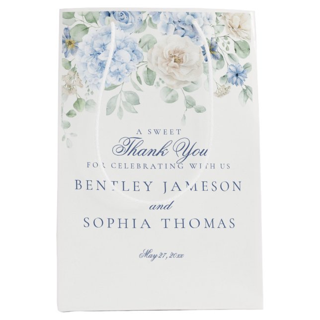 Sac Cadeau Moyen Faveur de mariage à l'hydrangea fleuri bleu (Devant)