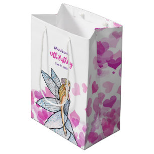 Sac Cadeau Moyen Fée d'anniversaire Princesse Coeurs Roses Croquis