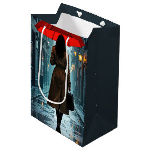 Sac Cadeau Moyen Femme d'anniversaire avec un parapluie rouge