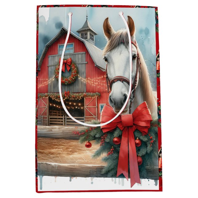 Sac Cadeau Moyen Ferme festive de Cheval Blanc Noël personnalisé (Devant)