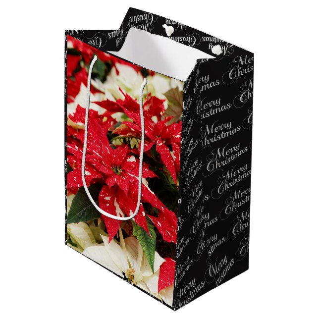 Sac Cadeau Moyen Festive Rouge Blanc Floral Poinsettia Fleurs (Devant Angle)