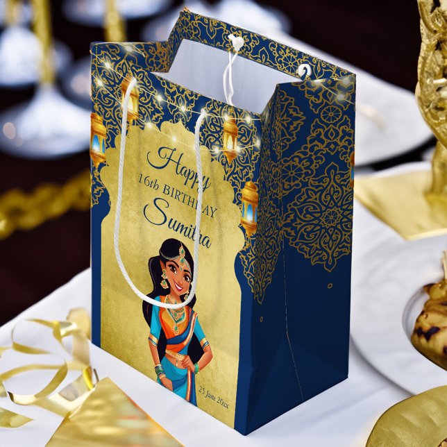 Sac Cadeau Moyen Fête d'anniversaire de filles à l'indienne merci d (Indian style girls birthday party thank you favor gift bag personalized printed gift bag blue gold)