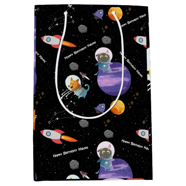 Sac Cadeau Moyen Fête d'anniversaire de l'espace, texte personnalis (Devant)