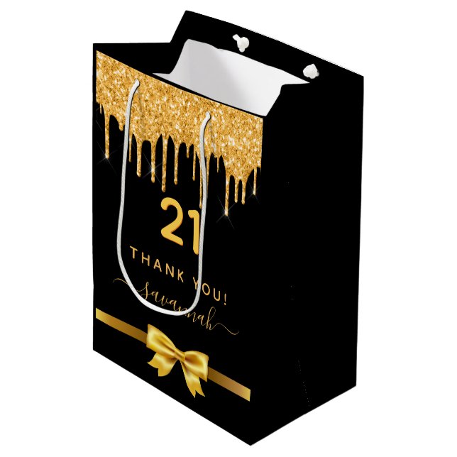 Sac Cadeau Moyen fête d'anniversaire parties scintillant d'or noir  (Devant Angle)