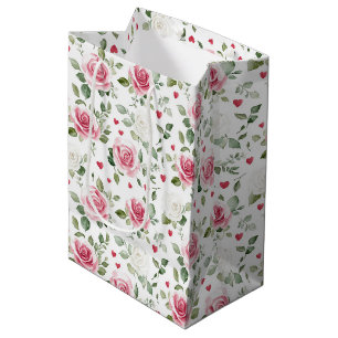 Sac Cadeau Moyen Fête de mariage coeurs floraux roses