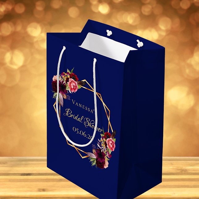 Sac Cadeau Moyen Fête des mariées bleu marine florales bordeaux (Créateur téléchargé)