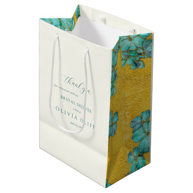 Sac Cadeau Moyen Fête des mariées Fleurs turquoises (Devant Angle)