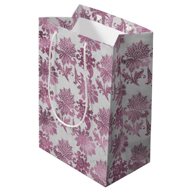 Sac Cadeau Moyen Fête des mariées florale argentée rouge Bourgogne (Dos Angle)