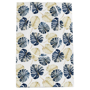 Sac Cadeau Moyen Feuilles tropicaux Bleu Blanc