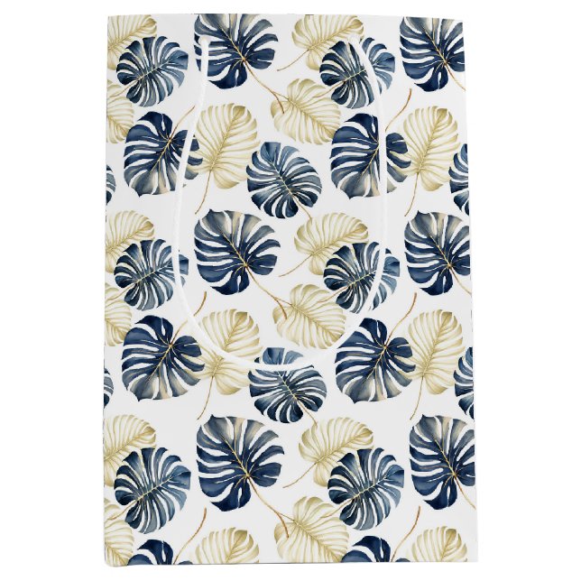 Sac Cadeau Moyen Feuilles tropicaux Bleu Blanc (Devant)