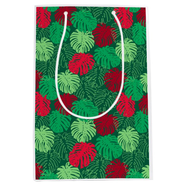 Sac Cadeau Moyen Feuilles tropicaux Noël Rouge Vert (Devant)