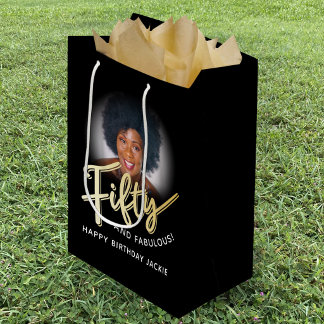 Sac Cadeau Moyen Fifty gold script and custom photo 50th birthday