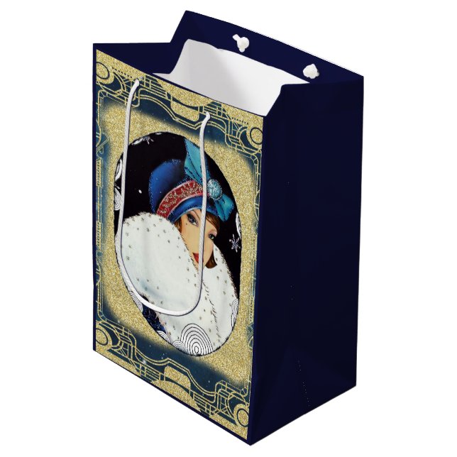 Sac Cadeau Moyen Fil de Noël Fille Grosse fourrure blanche (Devant Angle)