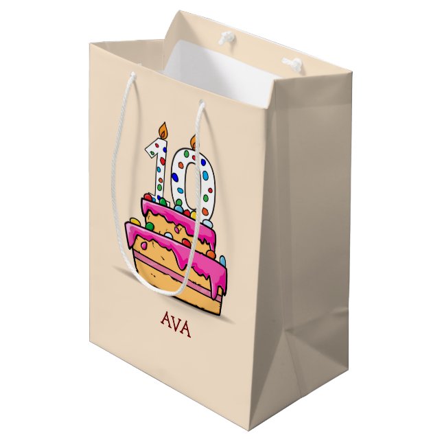 Sac Cadeau Moyen Fille 10e anniversaire, 10 sur le gâteau rose doux (Devant Angle)
