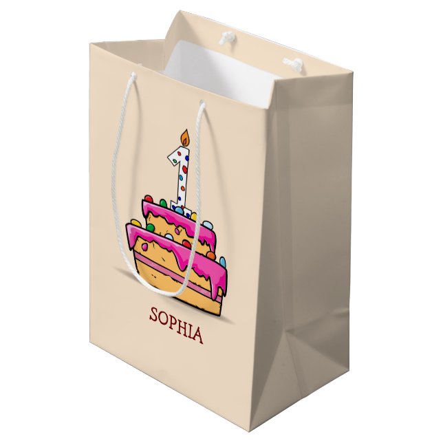 Sac Cadeau Moyen Fille 1er anniversaire, 1 sur le gâteau rose doux (Devant Angle)