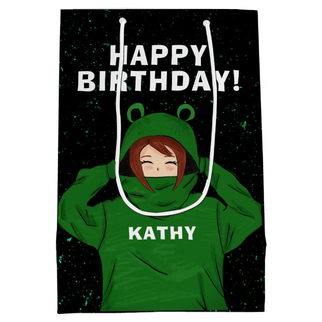 Sac Cadeau Moyen Fille avec grenouille verte Hoody Dessin Anniversa (Dos)