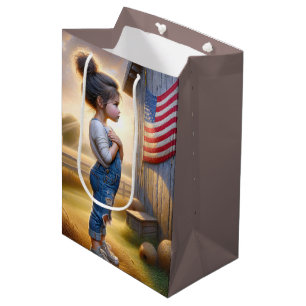 Sac Cadeau Moyen Fille d'anniversaire avec grange et drapeau améric
