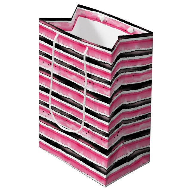 Sac Cadeau Moyen Fille rose blanc rayures noires (Devant Angle)