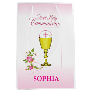 Sac Cadeau Moyen Fille Rose Première Sainte Communion Calice Host R