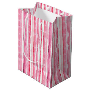 Sac Cadeau Moyen Fille rose rayures blanches