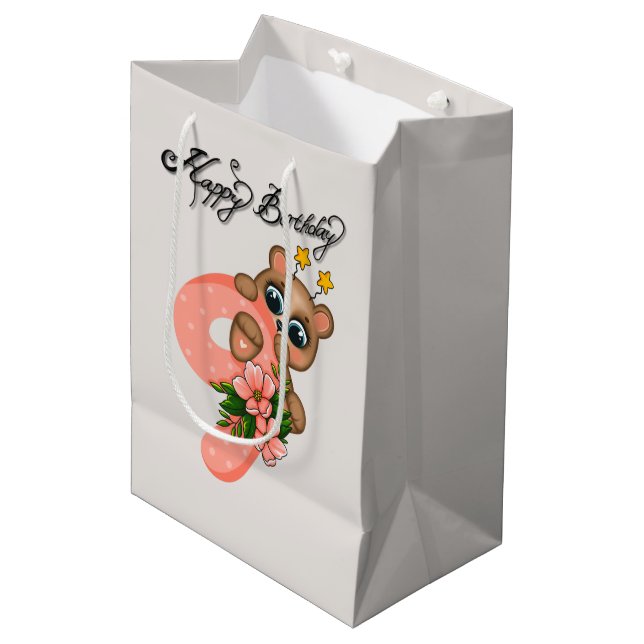 Sac Cadeau Moyen Filles d'ours mignon Anniversaire 9e (Devant Angle)