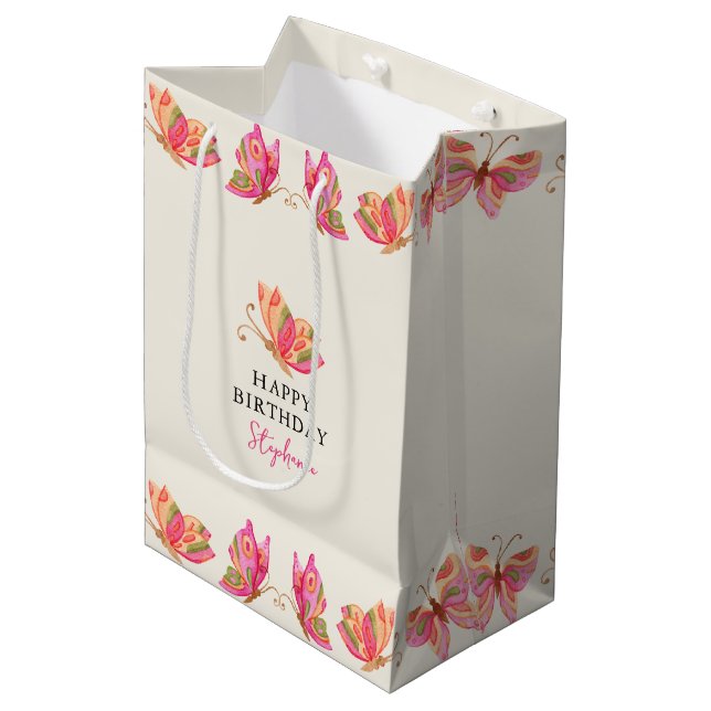 Sac Cadeau Moyen Filles papillons fête d'anniversaire (Devant Angle)