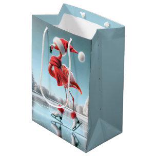 Sac Cadeau Moyen Flamant rose de Noël Patinage sur glace