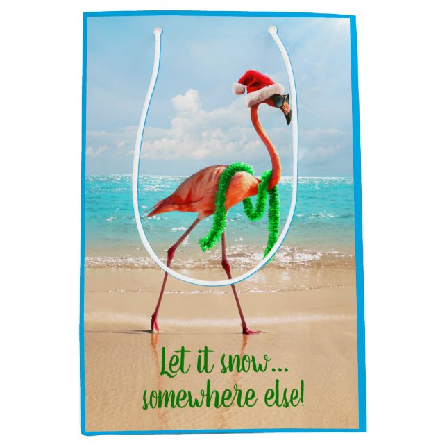 Sac Cadeau Moyen Flamant rose de Noël sur la plage (Devant)