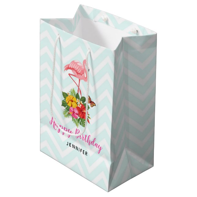 Sac Cadeau Moyen Flamant rose rose & Hibiscus Tropical Fancy Annive (Devant Angle)