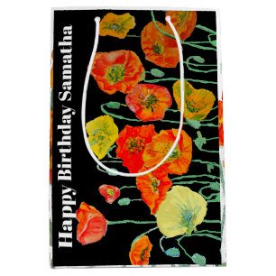 Sac Cadeau Moyen Fleur de pavot rouge orange aquarelle anniversaire