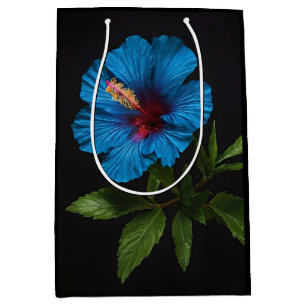 Sac Cadeau Moyen Fleur D'Hibiscus Bleu Sur Noir,