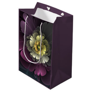 Sac Cadeau Moyen Fleur fractale abstraite moderne gris khaki pourpr