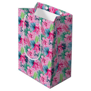 Sac Cadeau Moyen Fleur rose vert bleu Tropical Anniversaire lumineu