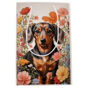 Sac Cadeau Moyen Fleurs Brown De Dachshund Et Cosmos