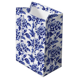 Sac Cadeau Moyen Fleurs Dahlia Bleues et Blanches Toile de Jouy