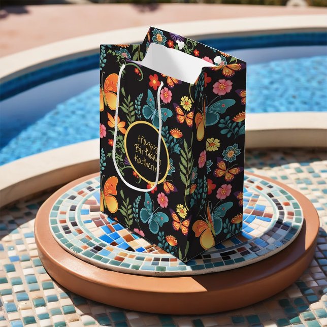 Sac Cadeau Moyen Fleurs d'art populaire et papillons Personnalisé (Créateur téléchargé)