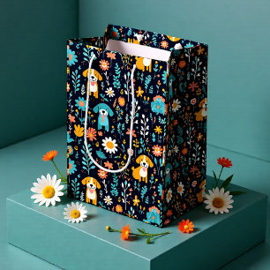 Sac Cadeau Moyen Fleurs de Chiot Bleu Cute