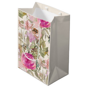 Sac Cadeau Moyen Fleurs de couleur vert sauge à l'aquarelle rose su