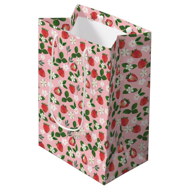 Sac Cadeau Moyen Fleurs de fraises sucrées Aquarelle Florale (Devant Angle)